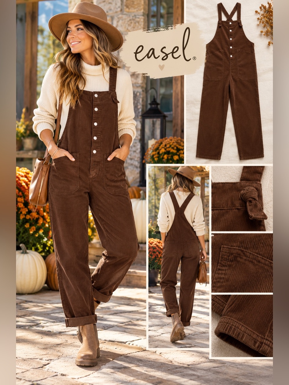 easel Brown Corduroy womens Overalls with Front Pockets